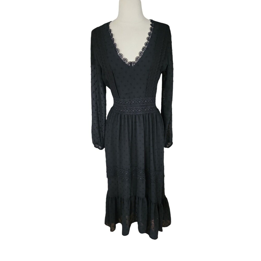 One One Six Midi Dress Womens S Whimsigoth Milkmaid Tiered Lace Black Wednesday